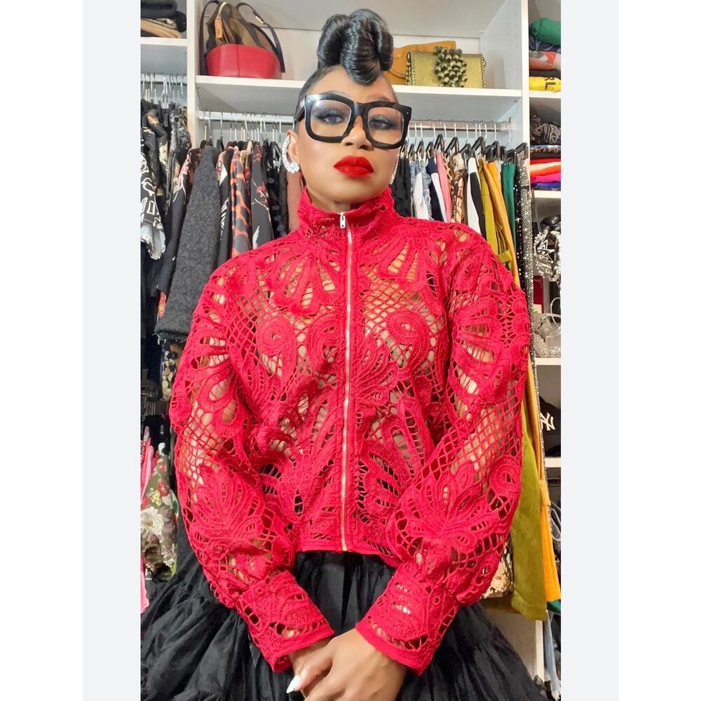 Red Lace Cropped Jacket Zip Front Statement Evening Party Festival M/L